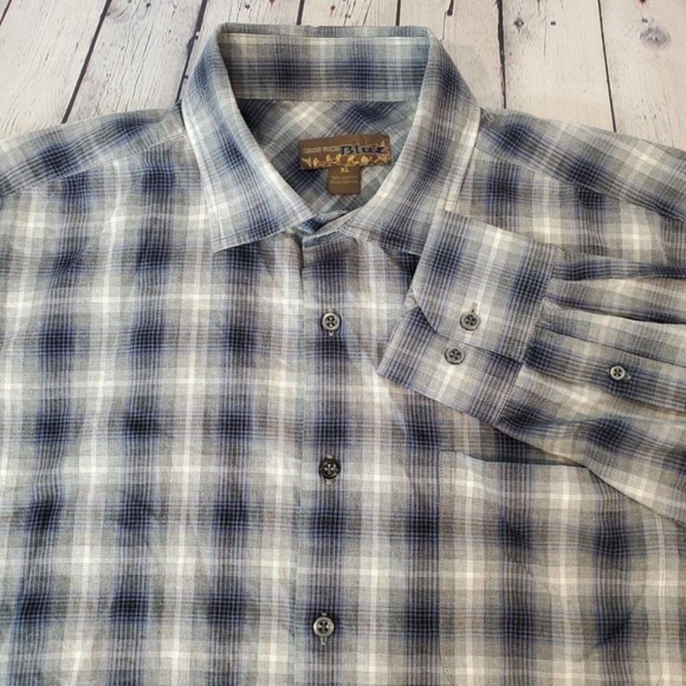 Pronto Uomo Blue XL Shirt Long Sleeve Button Up Gray Plaid 100% Cotton Collared